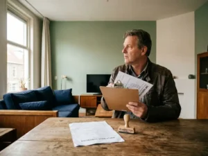 SNF-inspecteur met klembord controleert gemeubileerd arbeiderswoning interieur met checklist en herkeuring stempel op houten bureau.