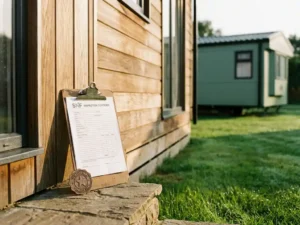 SNF-inspectieklembord tegen houten buitenwand van moderne chalet met bronzen kwaliteitszegel op de drempel, omgeven door groen gras.