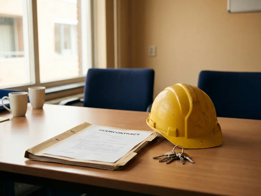 Huurcontract en veiligheidshelm van tijdelijke werknemer op verhuurkantoor bureau, met huissleutels en noordelijk daglicht.