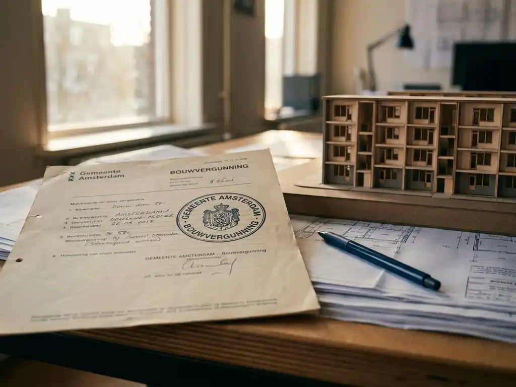 Gemeentelijke bouwvergunning op architectenbureau naast schaalmodel woonblok, pen op officiële documenten, noordelijk daglicht.