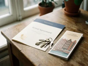 Huurovereenkomst op houten bureau naast huissleutels en woonbrochure, zacht natuurlijk licht, warme tinten.