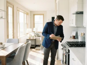 Woninginspecteur met klembord controleert moderne huurwoning met nette keuken, witte tinten en houten accenten in natuurlijk licht.