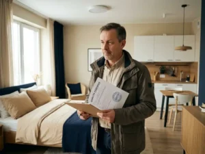Gecertificeerde woninginspecteur met officieel keuringsdocument in modern gemeubileerd huurappartement met witte muren en houten accenten.