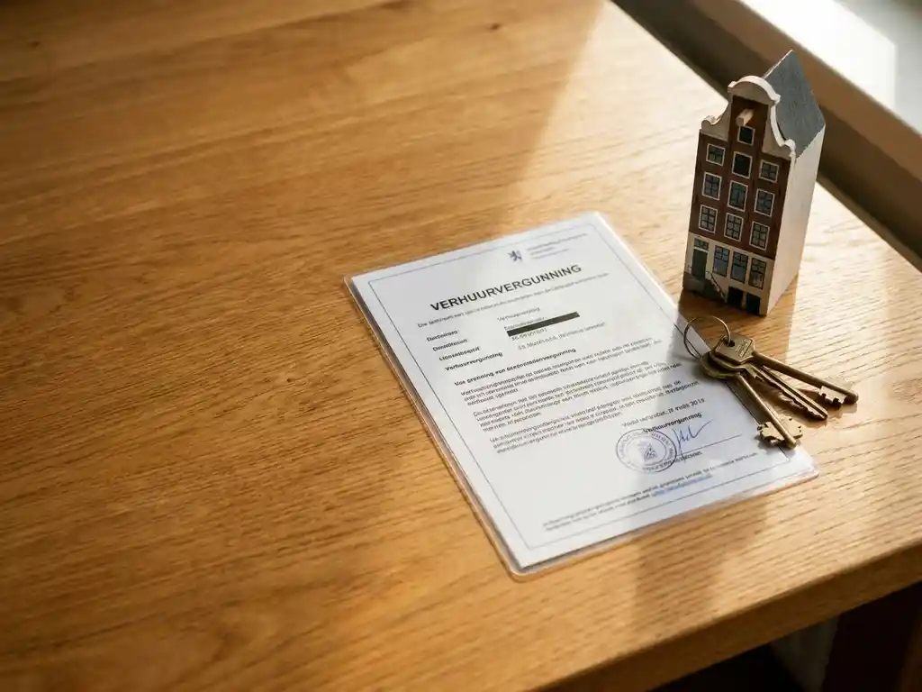 Gelamineerd huurvergunningsdocument op eikenhouten bureau naast huissleutels en miniatuur Hollands grachtenpand, warm natuurlijk licht.