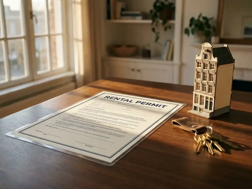 Gelamineerd huurvergunningsdocument op houten bureau naast huissleutels en miniatuur Hollands grachtenpand in warm middaglicht.