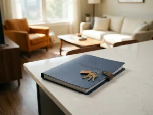 Huissleutels op een compliance-map voor woningcertificering op een keukenbar, met een gemeubileerd appartement op de achtergrond.