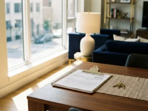 Woninginspectierapport op klembord naast huissleutels op houten tafel in modern ingericht appartement.