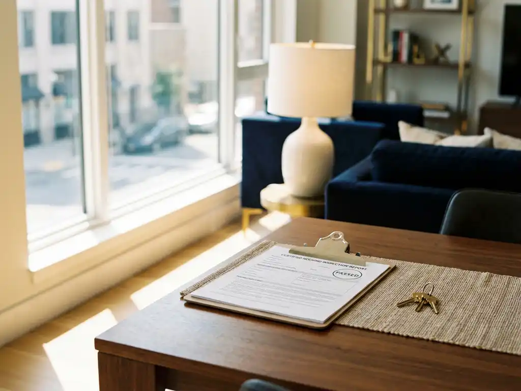 Woninginspectierapport op klembord naast huissleutels op houten tafel in modern ingericht appartement.