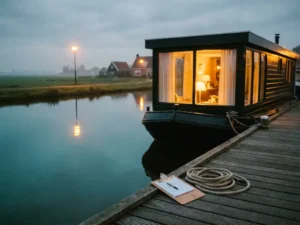 Woonboot afgemeerd langs een rustig Nederlands kanaal bij schemering, met warm interieurlicht door grote ramen en een inspectieklembord op de houten steiger.