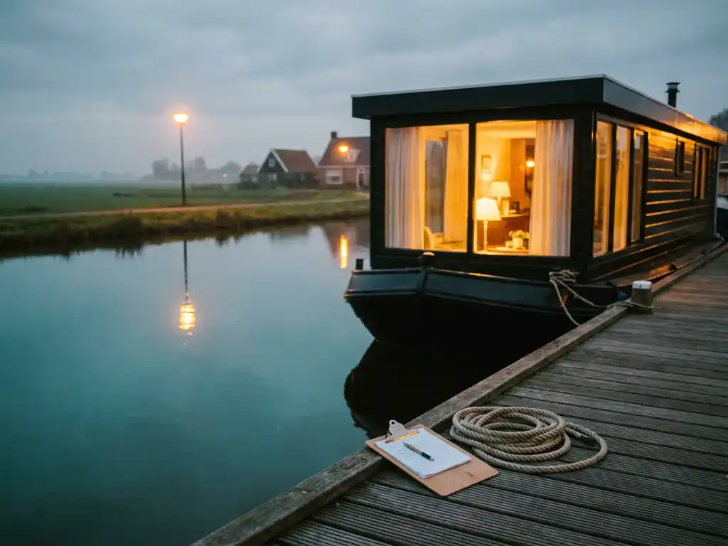 Woonboot afgemeerd langs een rustig Nederlands kanaal bij schemering, met warm interieurlicht door grote ramen en een inspectieklembord op de houten steiger.