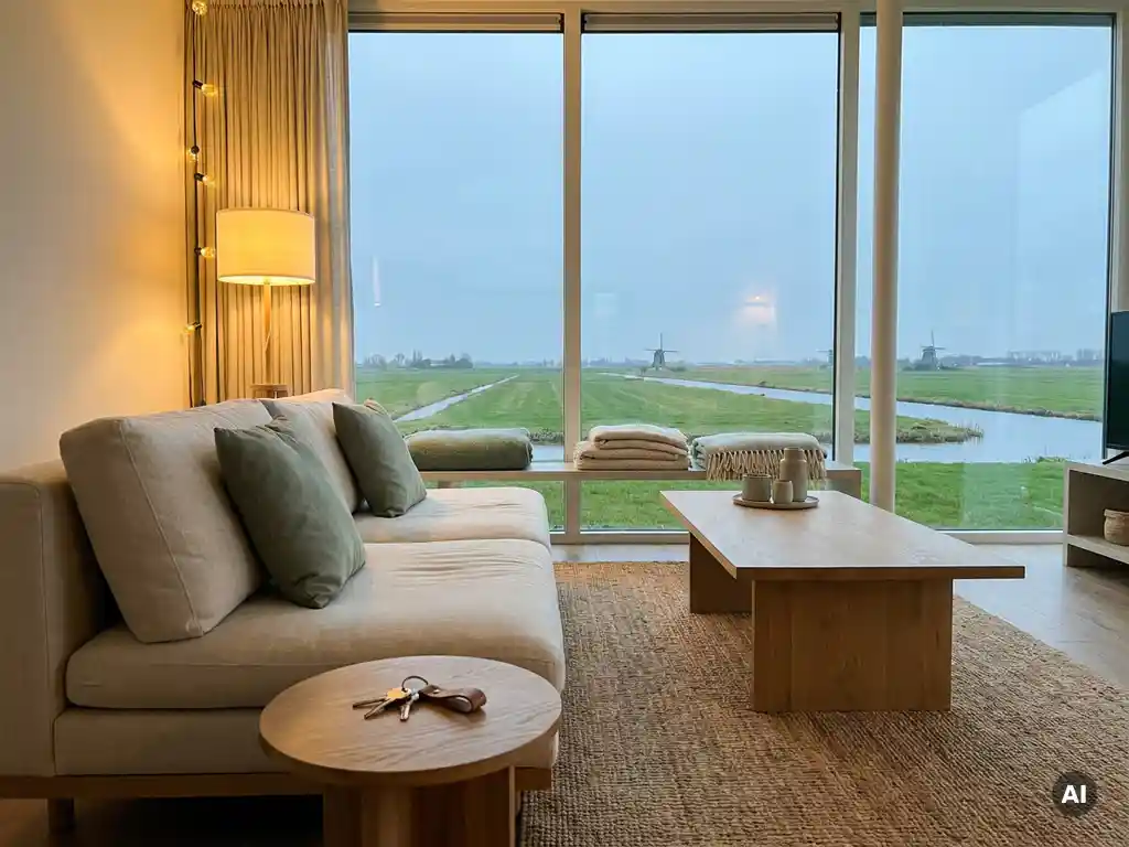 Moderne woonkamer met Scandinavisch meubilair, sleutels op houten bijzettafel en uitzicht op Nederlands polderlandschap.