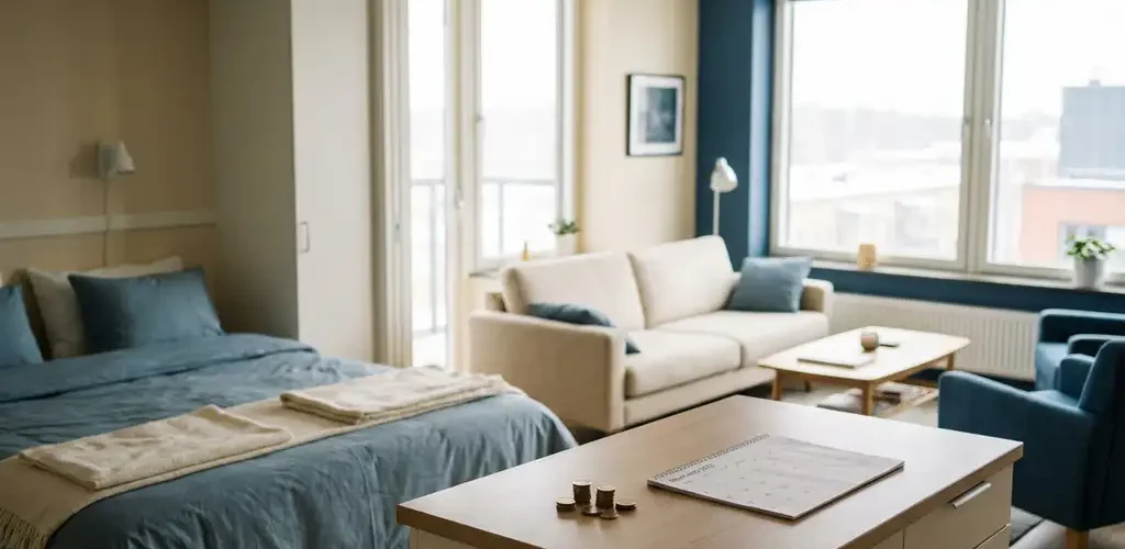 Modern open-plan appartement met opgemaakt bed, compacte keuken en euromunten op de toonbank, warm noordelijk daglicht door grote ramen.