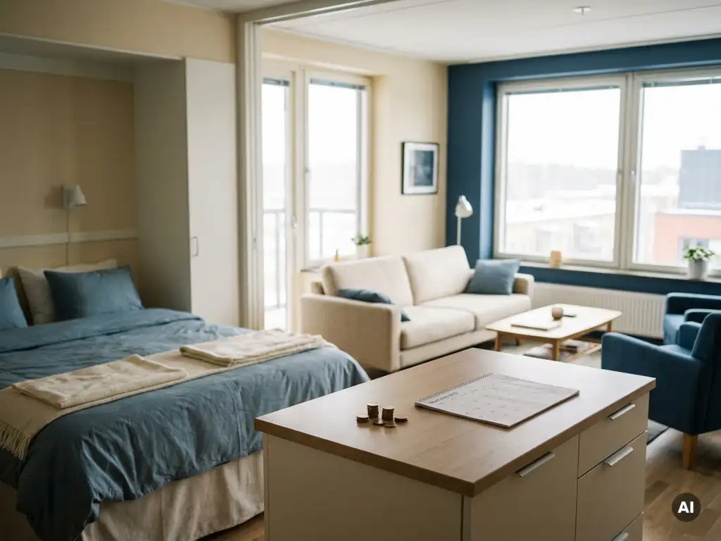 Modern open-plan appartement met opgemaakt bed, compacte keuken en euromunten op de toonbank, warm noordelijk daglicht door grote ramen.