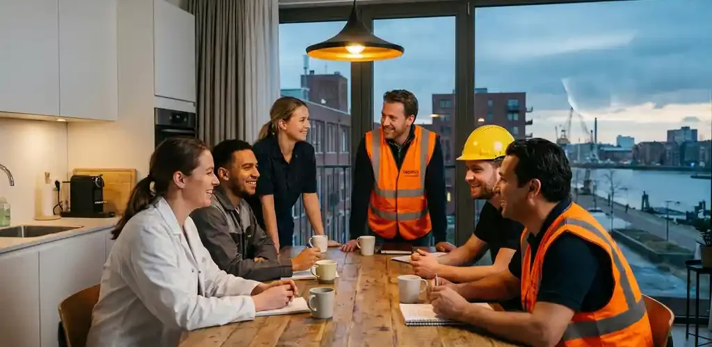 Diverse groep arbeiders in werkkleding rond een keukentafel in modern appartement, met industrieel Noord-Nederlands stadsgezicht bij schemering.