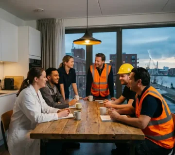 Diverse groep arbeiders in werkkleding rond een keukentafel in modern appartement, met industrieel Noord-Nederlands stadsgezicht bij schemering.