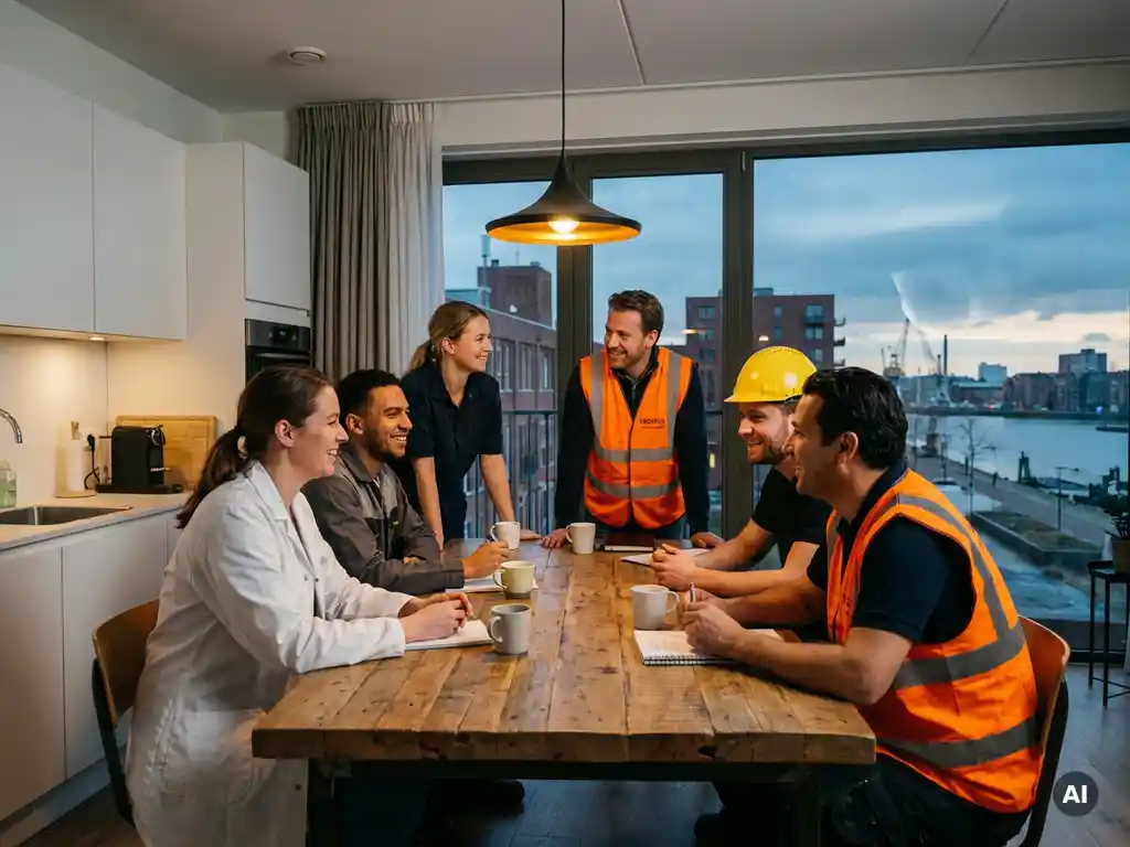 Diverse groep arbeiders in werkkleding rond een keukentafel in modern appartement, met industrieel Noord-Nederlands stadsgezicht bij schemering.