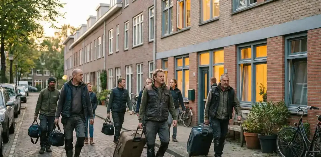 Diverse arbeidsmigranten met rolkoffers arriveren bij een verzorgd gemeubileerd appartementengebouw in een Nederlandse woonstraat bij middaglicht.