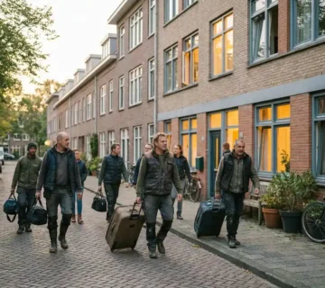Diverse arbeidsmigranten met rolkoffers arriveren bij een verzorgd gemeubileerd appartementengebouw in een Nederlandse woonstraat bij middaglicht.
