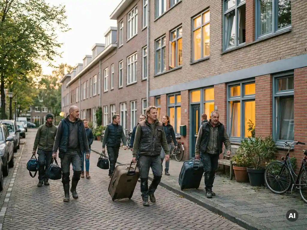 Diverse arbeidsmigranten met rolkoffers arriveren bij een verzorgd gemeubileerd appartementengebouw in een Nederlandse woonstraat bij middaglicht.