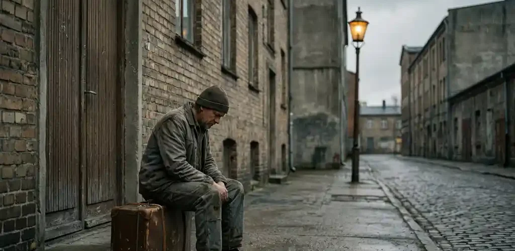 Arbeidsmigrант op versleten koffer voor gesloten flatdeur in Nederlandse industriestraat, gedempte betonnen omgeving met amber straatlantaarn.