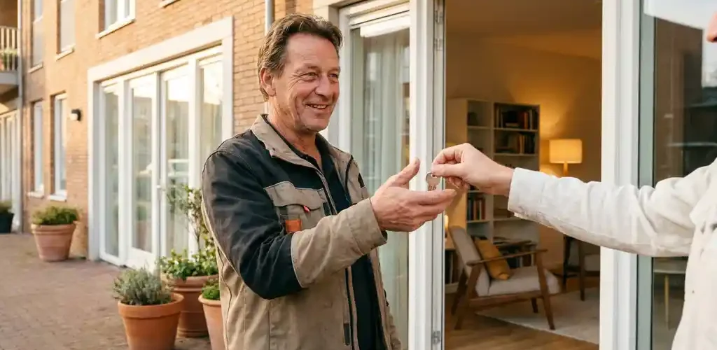 Arbeidsmigrант ontvangt huissleutel bij ingang van gemeubileerd modern Nederlands appartement met bakstenen gevel en gouden middaglicht.