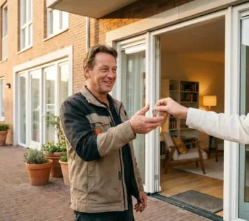 Arbeidsmigrант ontvangt huissleutel bij ingang van gemeubileerd modern Nederlands appartement met bakstenen gevel en gouden middaglicht.