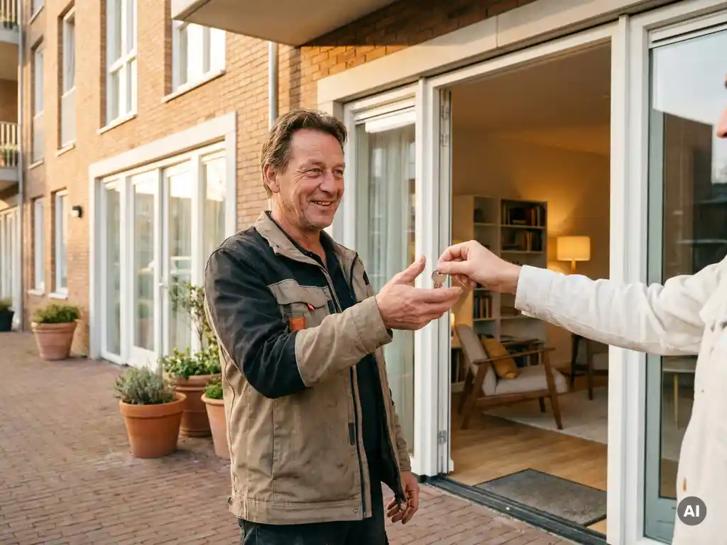 Arbeidsmigrант ontvangt huissleutel bij ingang van gemeubileerd modern Nederlands appartement met bakstenen gevel en gouden middaglicht.