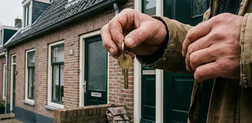 Arbeidsmigrант met huissleutel bij de voordeur van een Nederlandse rijtjeswoning, kleine tas aan zijn voeten, bewolkte lucht.