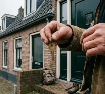 Arbeidsmigrант met huissleutel bij de voordeur van een Nederlandse rijtjeswoning, kleine tas aan zijn voeten, bewolkte lucht.