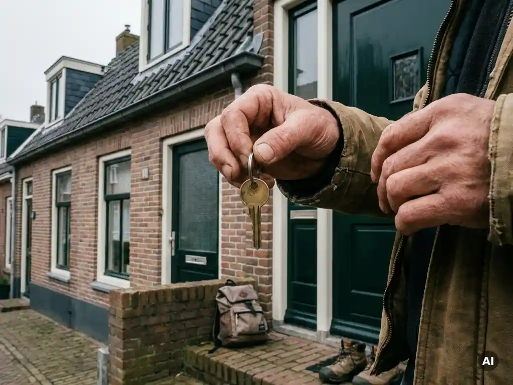 Arbeidsmigrант met huissleutel bij de voordeur van een Nederlandse rijtjeswoning, kleine tas aan zijn voeten, bewolkte lucht.