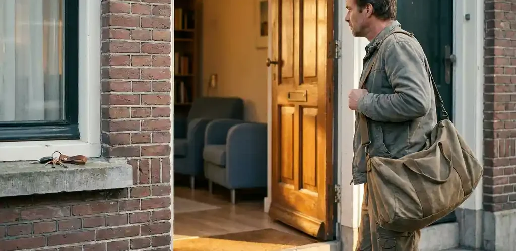 Arbeidsmigrант met reistas in deuropening van Nederlandse rijtjeswoning, gouden middaglicht op de drempel, sleutels op vensterbank.