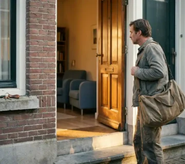 Arbeidsmigrант met reistas in deuropening van Nederlandse rijtjeswoning, gouden middaglicht op de drempel, sleutels op vensterbank.