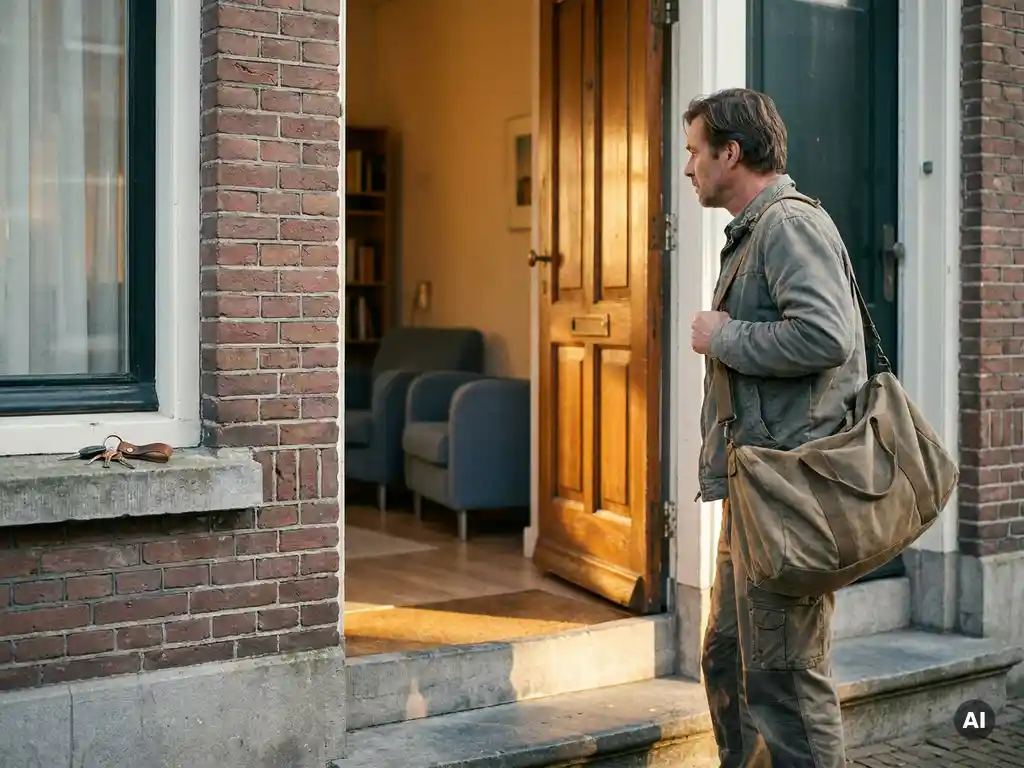 Arbeidsmigrант met reistas in deuropening van Nederlandse rijtjeswoning, gouden middaglicht op de drempel, sleutels op vensterbank.