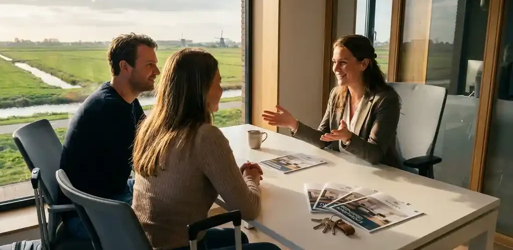 Expatconsultant verwelkomt nieuw stel in modern woonkantoor met apartementbrochures en sleutels op bureau, Nederlands landschap op achtergrond.