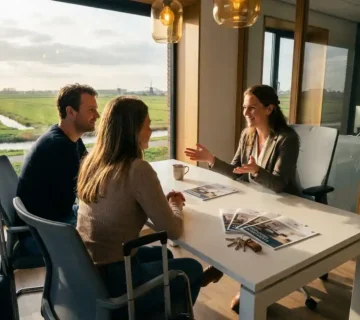 Expatconsultant verwelkomt nieuw stel in modern woonkantoor met apartementbrochures en sleutels op bureau, Nederlands landschap op achtergrond.