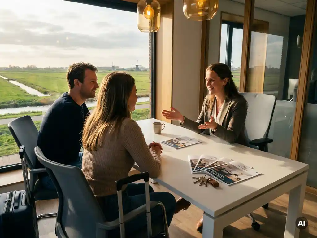 Expatconsultant verwelkomt nieuw stel in modern woonkantoor met apartementbrochures en sleutels op bureau, Nederlands landschap op achtergrond.