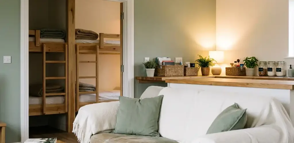 Nette gedeelde woonkamer met opgemaakt stapelbed zichtbaar door open deur, georganiseerd keukenblad en warme verlichting in salie- en crèmetinten.