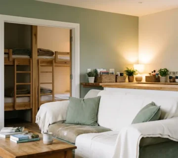 Nette gedeelde woonkamer met opgemaakt stapelbed zichtbaar door open deur, georganiseerd keukenblad en warme verlichting in salie- en crèmetinten.