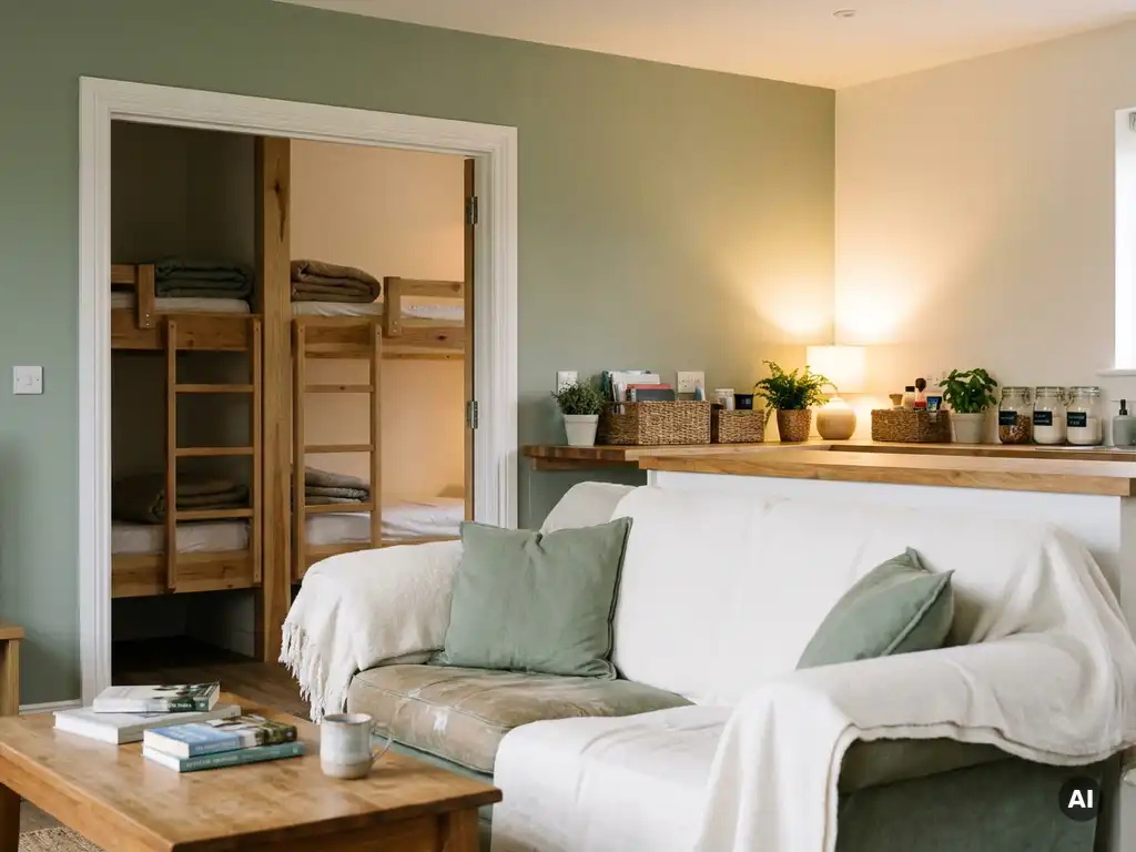 Nette gedeelde woonkamer met opgemaakt stapelbed zichtbaar door open deur, georganiseerd keukenblad en warme verlichting in salie- en crèmetinten.