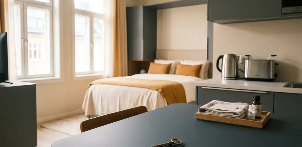 Gemeubileerd appartement in Groningen met opgemaakt bed, keuken en sleutel op tafel in warm natuurlijk licht.
