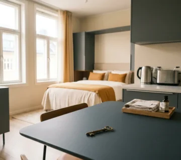 Gemeubileerd appartement in Groningen met opgemaakt bed, keuken en sleutel op tafel in warm natuurlijk licht.