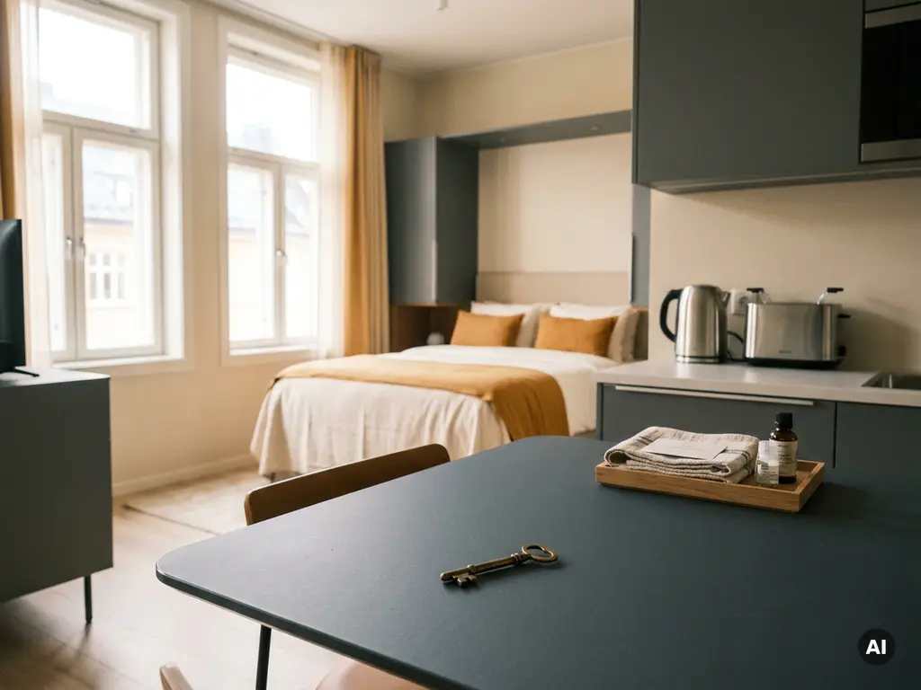 Gemeubileerd appartement in Groningen met opgemaakt bed, keuken en sleutel op tafel in warm natuurlijk licht.