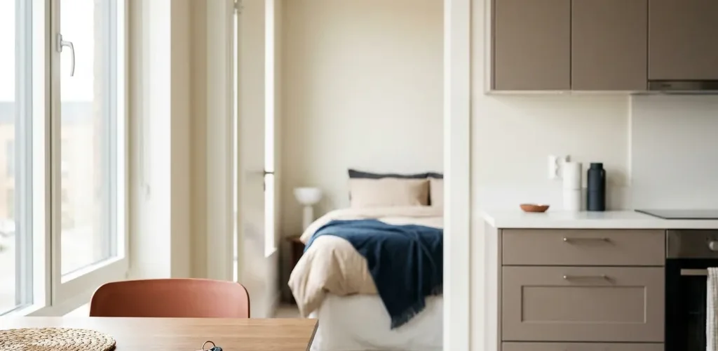 Moderne gemeubileerde appartement met open keuken, opgemaakt bed en sleutels op houten eettafel in warm natuurlijk licht.