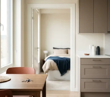 Moderne gemeubileerde appartement met open keuken, opgemaakt bed en sleutels op houten eettafel in warm natuurlijk licht.