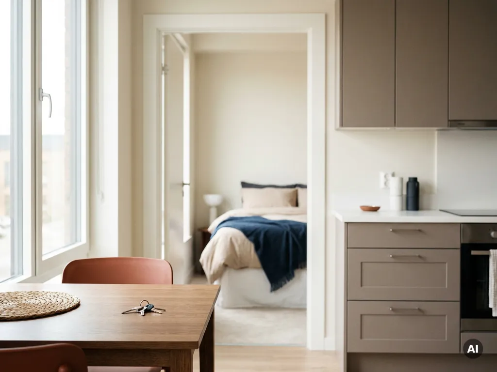 Moderne gemeubileerde appartement met open keuken, opgemaakt bed en sleutels op houten eettafel in warm natuurlijk licht.