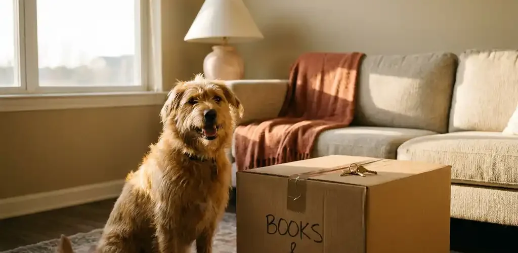 Vrolijke hond naast een ingepakte verhuisdoos met huissleutels in een gezellig modern appartement met warm middaglicht.