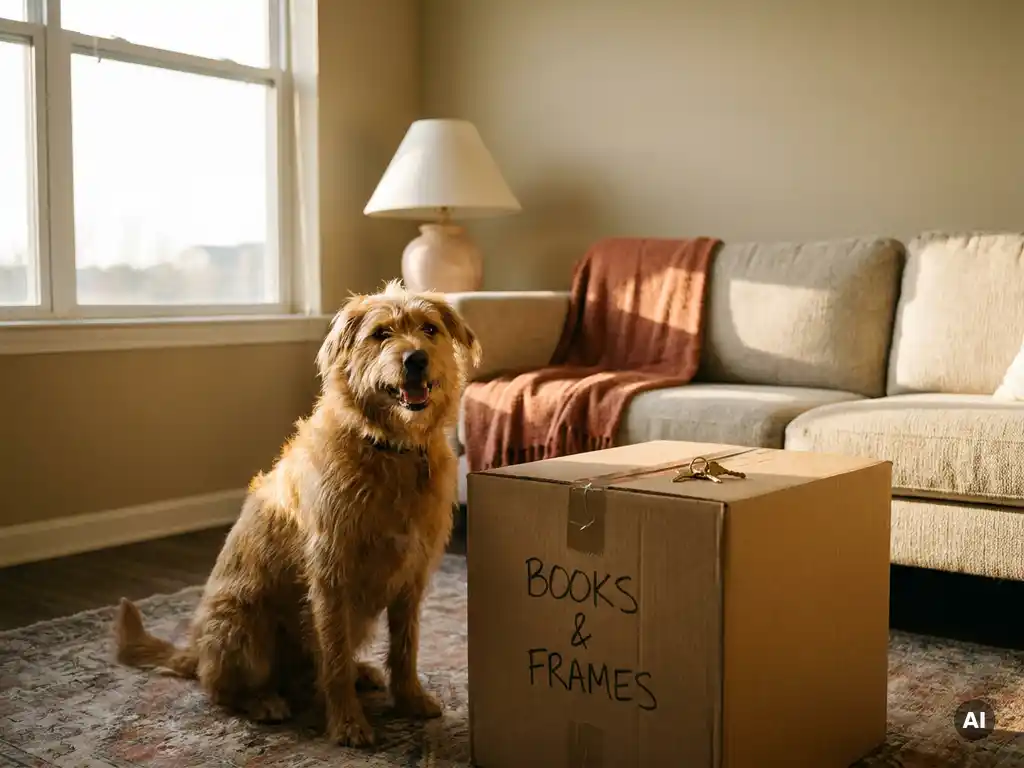 Vrolijke hond naast een ingepakte verhuisdoos met huissleutels in een gezellig modern appartement met warm middaglicht.