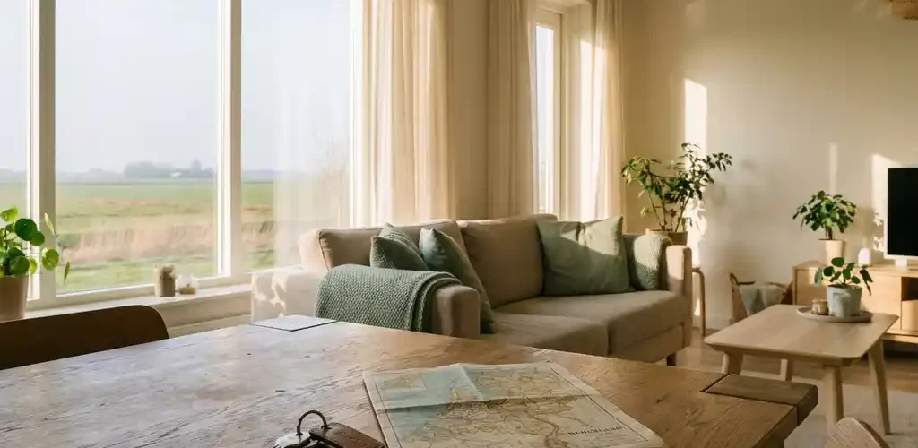 Huissleutels op een houten tafel naast een gevouwen kaart van Nederland in een Scandinavisch ingerichte woonkamer met uitzicht op Noord-Holland.