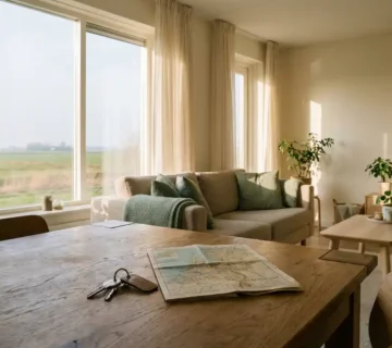 Huissleutels op een houten tafel naast een gevouwen kaart van Nederland in een Scandinavisch ingerichte woonkamer met uitzicht op Noord-Holland.