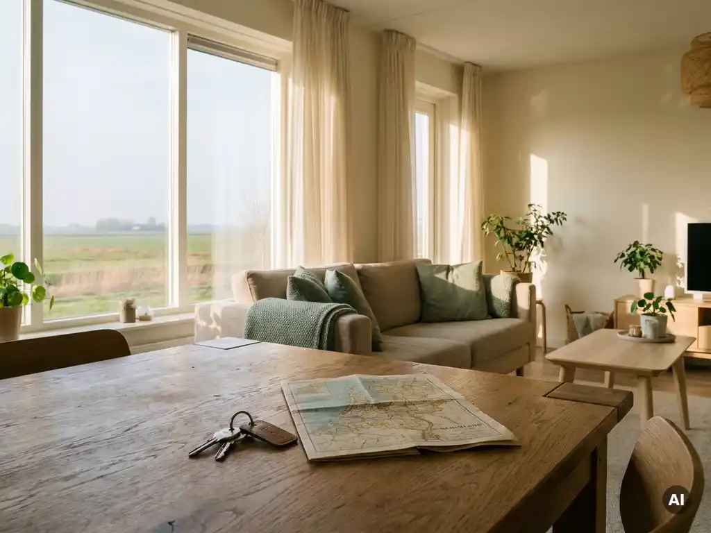 Huissleutels op een houten tafel naast een gevouwen kaart van Nederland in een Scandinavisch ingerichte woonkamer met uitzicht op Noord-Holland.